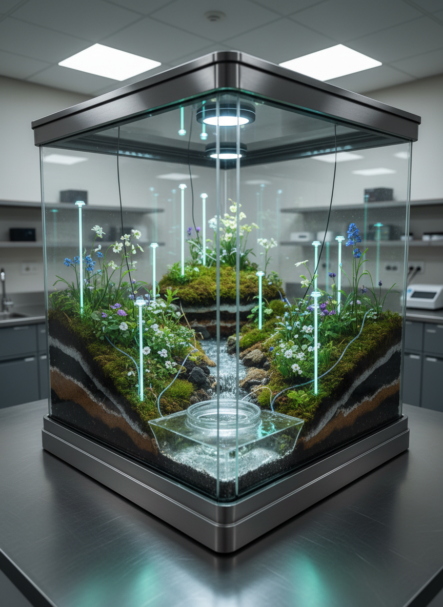 A hyper-detailed terrarium the size of a large table, enclosed in ultra-clear glass with precisely engineered metal edges, containing a miniature, self-sustaining future ecosystem. Inside, rich soil layers, delicate moss carpets, tiny flowering plants, and a micro-stream with real water are carefully arranged alongside slender, embedded bioluminescent rods and almost invisible nutrient tubing. The terrarium sits in a clean laboratory environment with brushed steel counters and neutral walls. Soft, cool overhead lighting blends with gentle internal glows, creating subtle reflections on the glass. Photographed from a slightly elevated three-quarter angle in crisp photographic realism, the scene feels controlled yet alive, a professional visualization of experimental habitats that tell stories about the future of life on Earth.