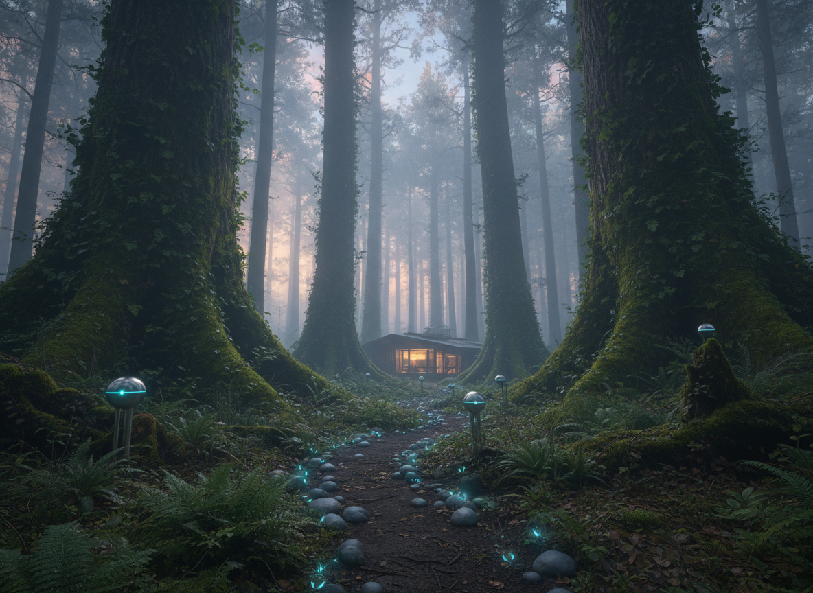 An expansive, hyper-realistic forest at dawn where ancient moss-covered trunks rise through mist, and in the undergrowth sleek metallic sensors and small, unobtrusive environmental probes glow with soft cyan indicators. A narrow trail of compressed earth winds through ferns and fallen leaves, leading toward a distant, faintly illuminated research station nestled between trees. Cool, diffused morning light filters through the canopy, mixing with subtle artificial glows from embedded smart stones along the path. Captured in wide-angle photographic realism with sharp focus in the foreground and gentle depth falloff toward the horizon, the mood is contemplative and hopeful, highlighting the meeting of advanced science and untouched nature, as if illustrating a quiet tale from the near future.