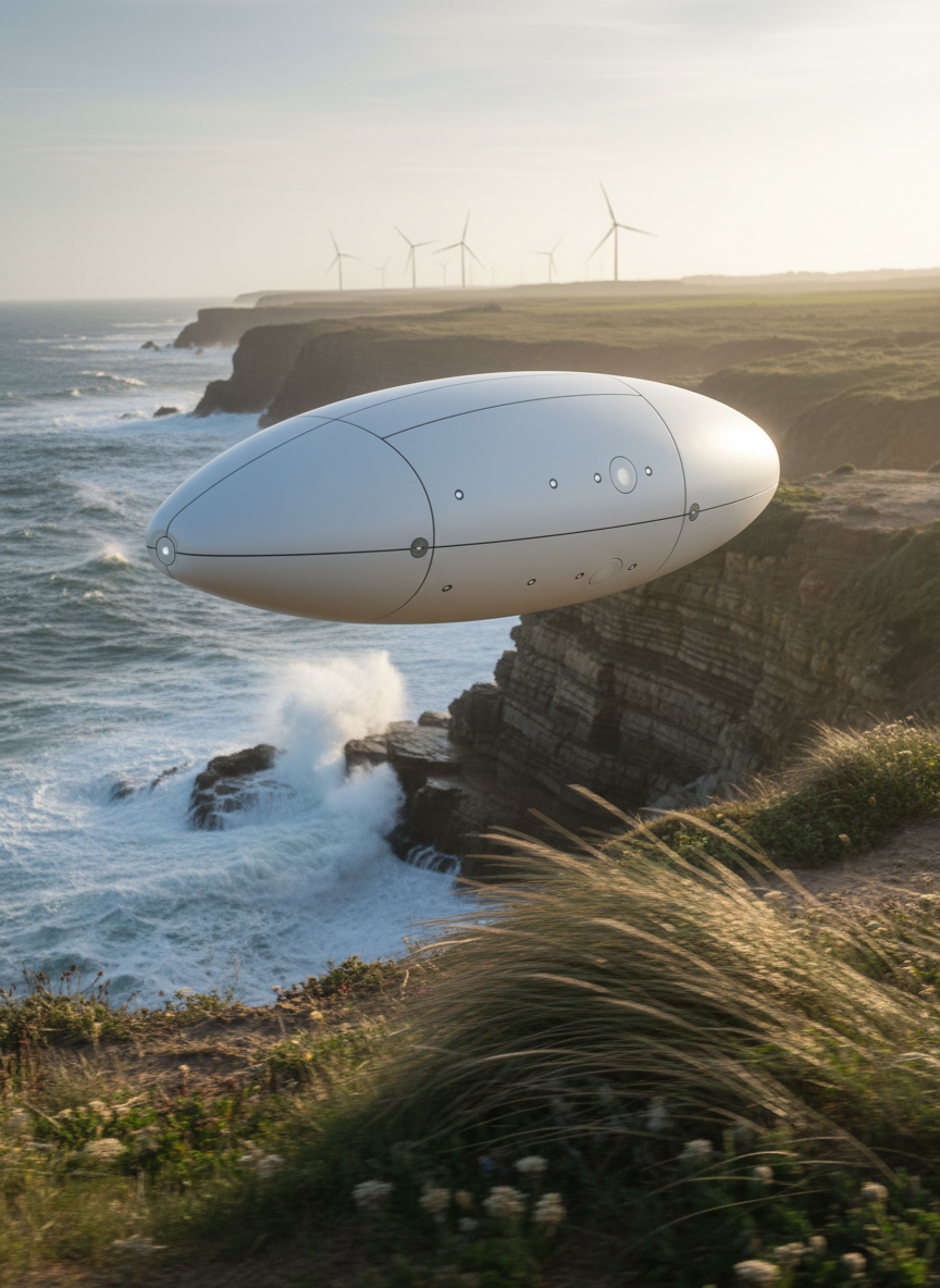 A sleek, autonomous research drone shaped like a streamlined seed pod, its matte ceramic-white shell segmented by fine graphite-grey lines and tiny environmental sensors, hovering a meter above a windswept coastal cliff. Below, waves crash against stratified rock, and hardy grasses bend in the steady ocean breeze. Late-afternoon golden light grazes the drone’s surface, producing soft highlights and long, cinematic shadows on the ground. Distant offshore wind turbines, slightly blurred, punctuate the horizon. Captured from a low, slightly diagonal angle with moderate depth of field, the composition is dynamic yet orderly, rendered in photographic realism. The atmosphere suggests precise, forward-looking exploration of natural landscapes, as if the coastline itself is a protagonist in a future scientific narrative.